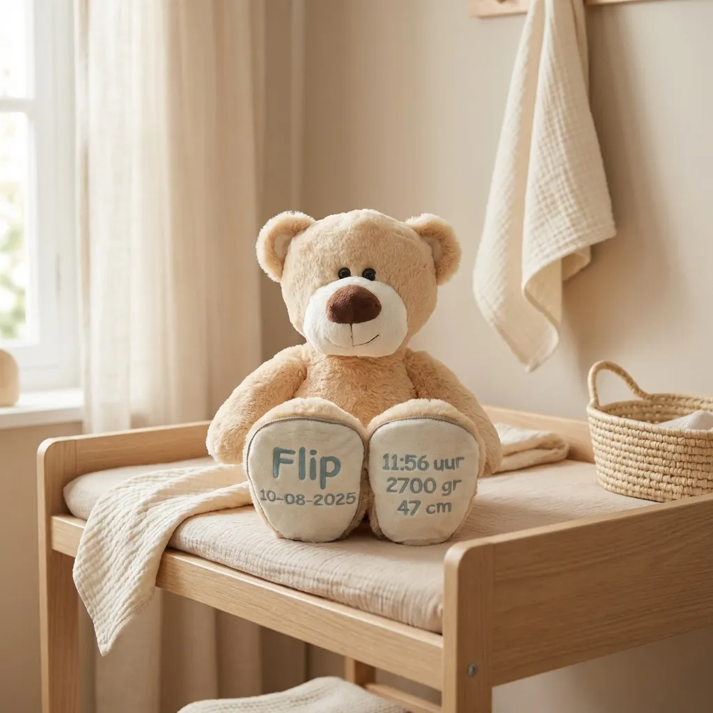 Geboorte knuffelbeer met naam Flip en geboortegegevens op voetjes in neutrale babykamer op houten kastje