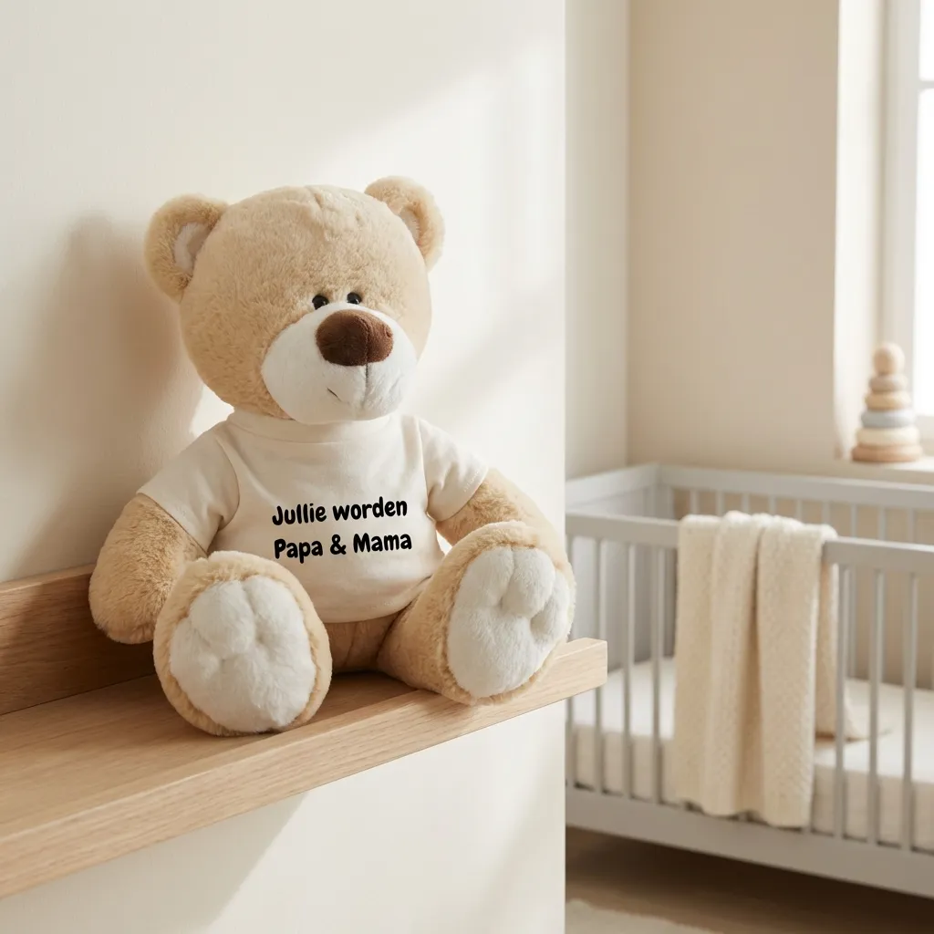 Knuffelbeer met wit shirt met tekst 'Jullie worden Papa & Mama' in babykamer met wieg