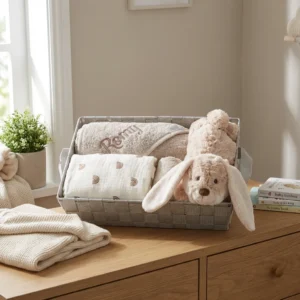 Gevlochten mand met beige babytextiel, knuffelkonijn en babyboeken op houten commode in kinderkamer
