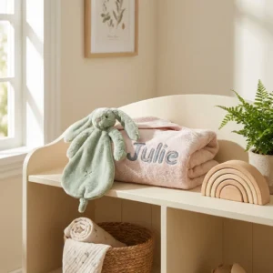 Babykamer met wit bankje met gepersonaliseerde deken 'Julie', mintgroen knuffeldoekje en houten regenboogspeelgoed