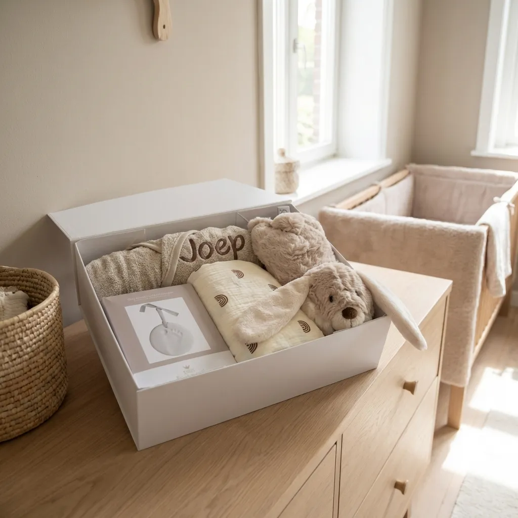 Witte geschenkdoos met gepersonaliseerde babykleertjes, knuffelbeesten en babydeken op houten commode in babykamer