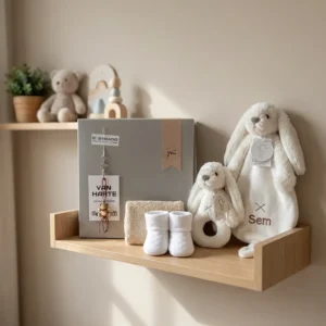 Babycadeau op houten plankje met knuffels, slofjes en gepersonaliseerde geboorteketting van harte gefeliciteerd