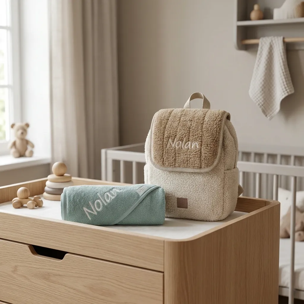 Gepersonaliseerde babyrugzak en opgerolde handdoek met naam Nolan op houten commode in neutrale babykamer