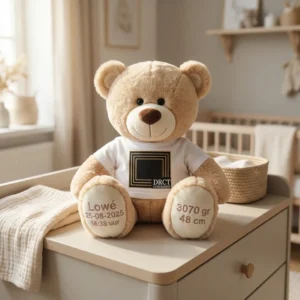 Gepersonaliseerde knuffelbeer met geboortegegevens Lowé, 3070 gram en 48 cm op wit T-shirt in babykamer
