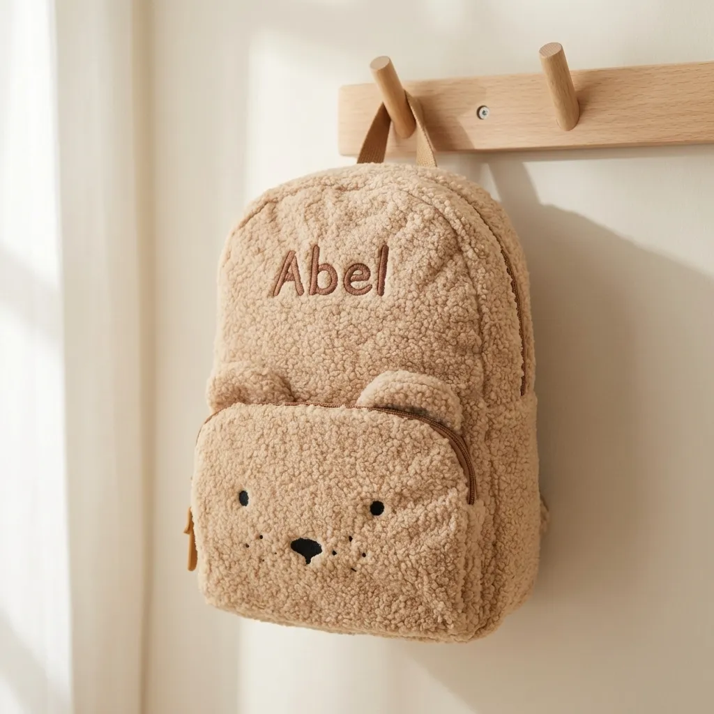 Beige pluche kinderrugzak met berendesign en naam Abel geborduurd, hangend aan houten kapstok