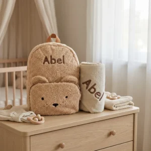Gepersonaliseerde beige teddybeer rugzak en handdoek met naam Abel op houten commode in babykamer