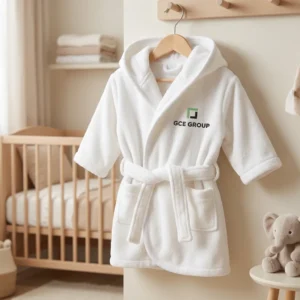 Witte kinderbadjas met GCE GROUP logo aan houten kapstok in neutrale babykamer met ledikant