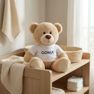 Zachte knuffelbeer met wit GOMA t-shirt op houten commode in babykamer met neutrale tinten