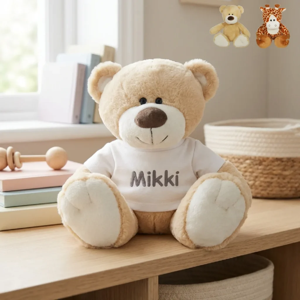Beige knuffelbeer met wit T-shirt met naam Mikki in lichte kinderkamer op houten plank