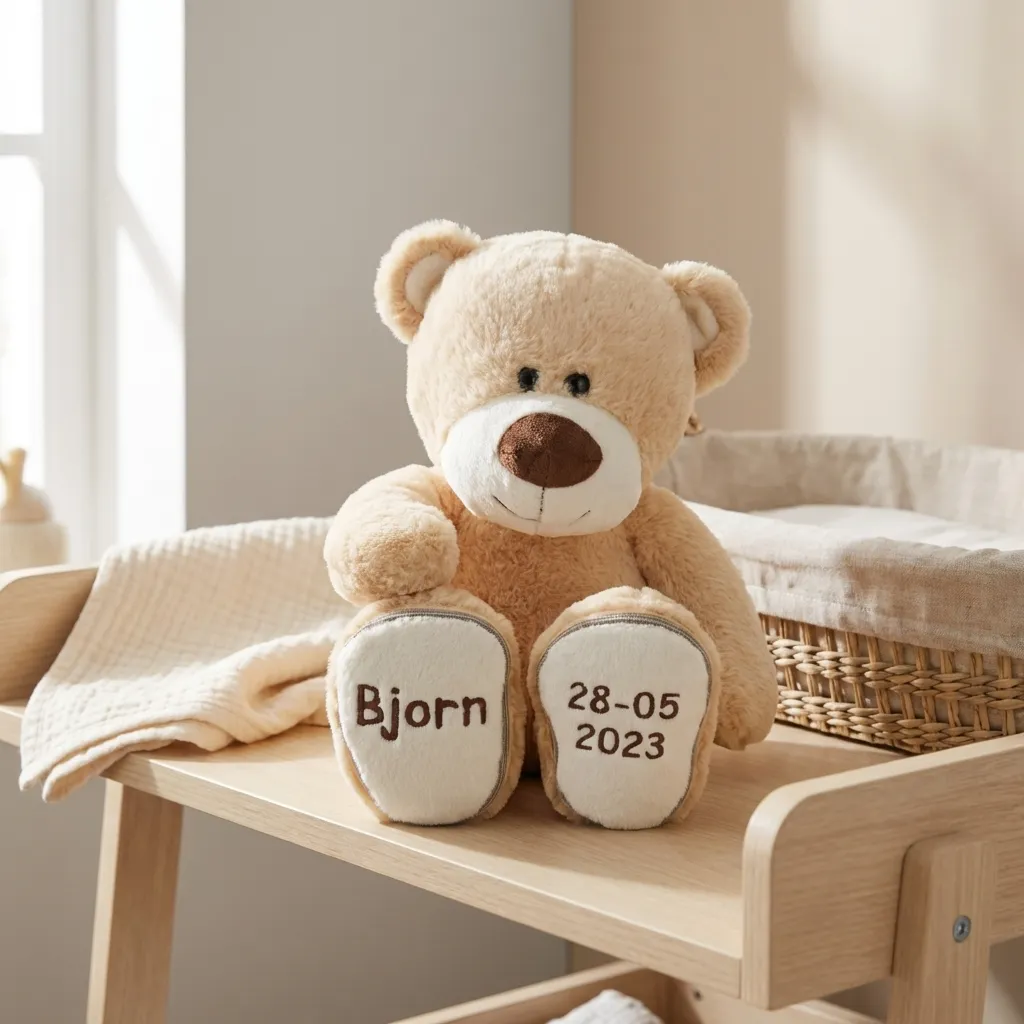 Gepersonaliseerde knuffelbeer met naam Bjorn en geboortedatum 28-05-2023 op pootjes in babykamer