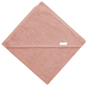 Roze katoenen badcape met capuchon voor baby's en peuters op witte achtergrond