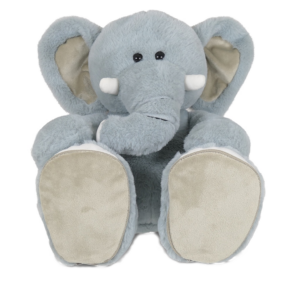 Pluche olifant knuffel in lichtblauw en beige met witte slagtanden en zwarte oogjes