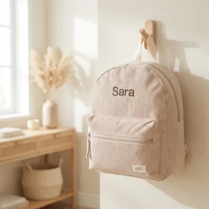 Beige ribfluwelen kinderrugzak met geborduurd naam 'Sara' hangend aan houten wandhaak
