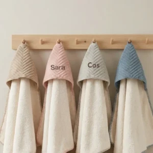 Gepersonaliseerde badcapes met namen Sara en Cas hangend aan houten kapstok in zachte pastelkleuren