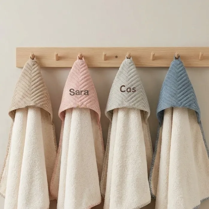 Gepersonaliseerde badcapes met namen Sara en Cas hangend aan houten kapstok in zachte pastelkleuren