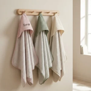 Drie badcapes met capuchon in roze, groen en beige opgehangen aan houten kapstok met naam Sara geborduurd