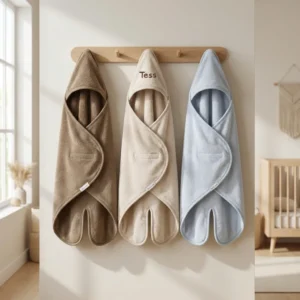 Drie katoenen badcapes met capuchon in beige, crème en lichtblauw hangend aan houten kapstok in babykamer
