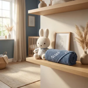 Moderne babykamer met houten plank, gepersonaliseerde blauwe deken met naam Noah en witte konijnenknuffel