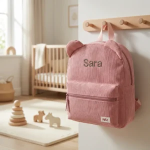 Roze ribfluwelen kinderrugzak met naam Sara hangend aan houten kapstok in babykamer met speelgoed