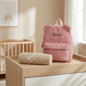 Roze kinderrugzak met naam Sara en beige handdoek op houten bankje in babykamer