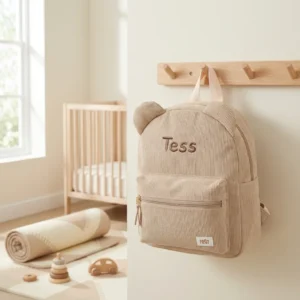 Beige ribfluwelen kinderrugzak met naam Tess en oortjes hangend aan houten kapstok in babykamer