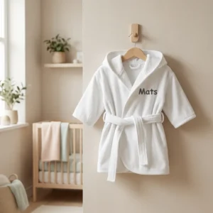 Witte kinderbadjas met naam Mats geborduurd, hangend aan houten haak in babykamer