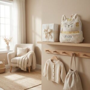 Neutrale babykamer met beige kleuren, houten plank met gepersonaliseerde konijnrugzak en kledinghaakjes