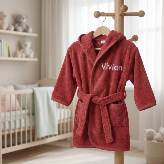 Rode kinderbadjas met geborduurd naam 'Vivian' hangend aan houten kapstok in babykamer