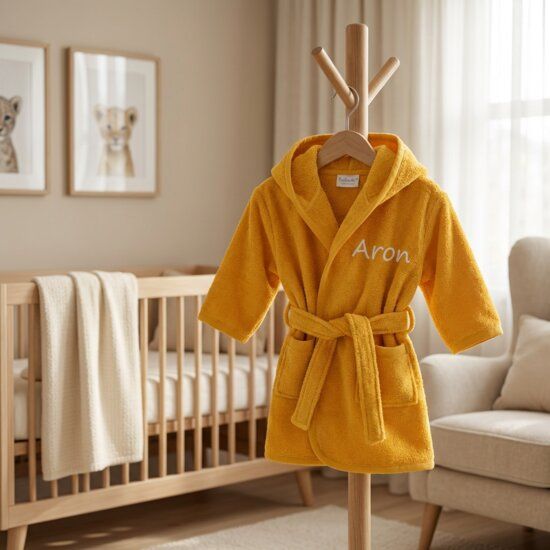 Gele kinderbadjas met naam Aron geborduurd op houten kapstok in babykamer met ledikant op de achtergrond