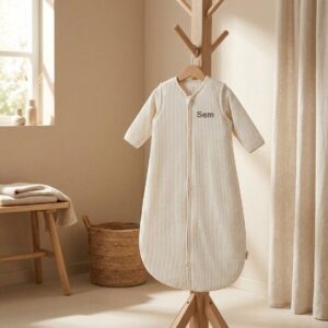 Gestreepte babyslaapzak met naam Sem hangend aan houten kapstok in neutrale babykamer