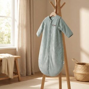 Lichtblauwe geribde babyslaapzak met lange mouwen hangend aan houten kapstok in babykamer