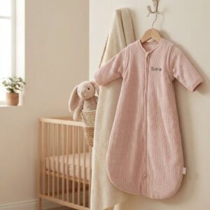 Roze gestreepte baby slaapzak met knuffelkonijn hangend aan houten ledikant in neutrale babykamer