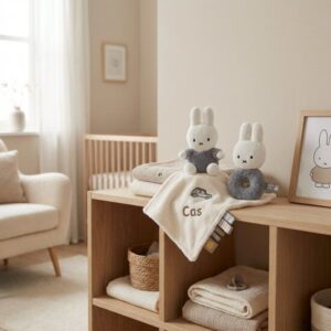 Nijntje knuffels en personaliseerde babydeken op houten opbergkast in neutrale babykamer met wieg op de achtergrond