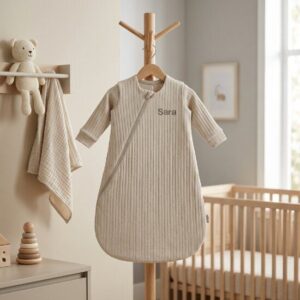 Beige gestreepte babyslaapzak met naam Sara aan houten kapstok in neutrale babykamer met ledikant