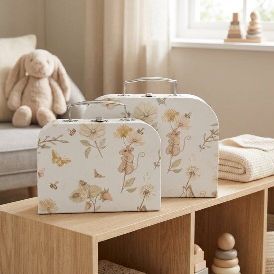 Set van drie decoratieve koffertjes met bloemen en muizen patroon in babykamer met knuffel en houten speelgoed