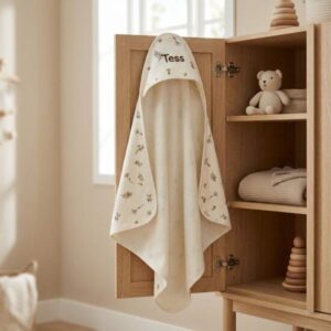 Gepersonaliseerde babylaken met naam 'Tess' hangend aan houten kast met speelgoed en accessoires