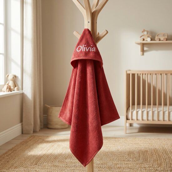 Rode badcape met naam Olivia geborduurd hangend aan houten kapstok in babykamer met ledikant