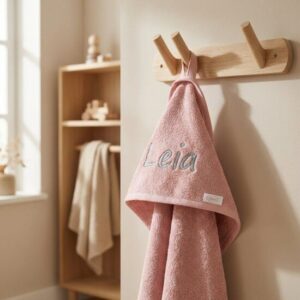Roze handdoek met geborduurd naam 'Leia' hangend aan houten kapstok in Scandinavische badkamer