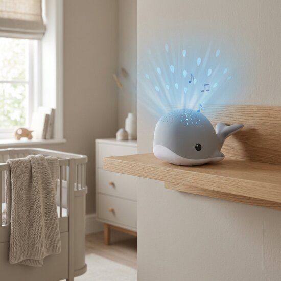 Walvis nachtlampje met sterrenhemel projectie en muzieknoten in babykamer op houten commode