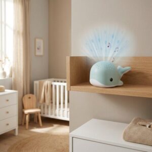 Mintgroene walvis nachtlampje met sterrenhemel projectie op houten plank in babykamer