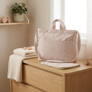 Beige geribde verzorgingstas op houten commode met handdoeken en babyspeelgoed in lichte kinderkamer