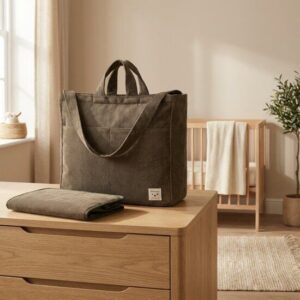 Olijfgroene ribstof luiertas met bijpassende verschoningsmat op houten commode in babykamer