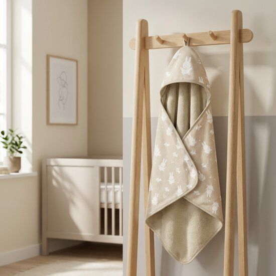 Beige babyhanddoek met sterrenprint hangend aan houten kledingrek in lichte babykamer met wieg op achtergrond