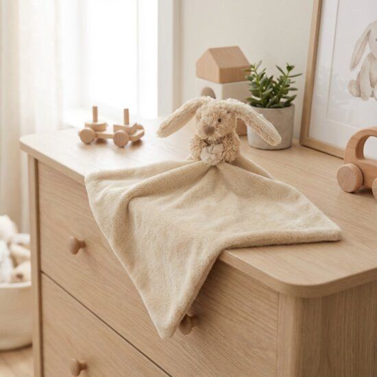 Beige knuffeldoekje met konijnenkop op houten commode in natuurlijke babykamer met houten speelgoed