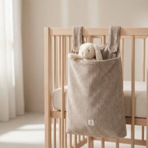 Beige ribfluwelen opbergzak met knuffelkonijn hangend aan houten babybedje