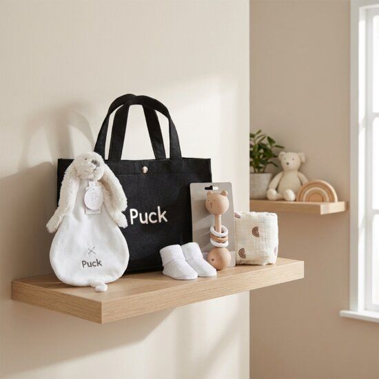 Zwarte vilten tas met babycadeaus waaronder knuffels, sokjes en rammelaar op houten plank