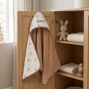 Gepersonaliseerde baby badcape met naam Sara hangend aan houten kast met gebreide konijn knuffel en handdoeken
