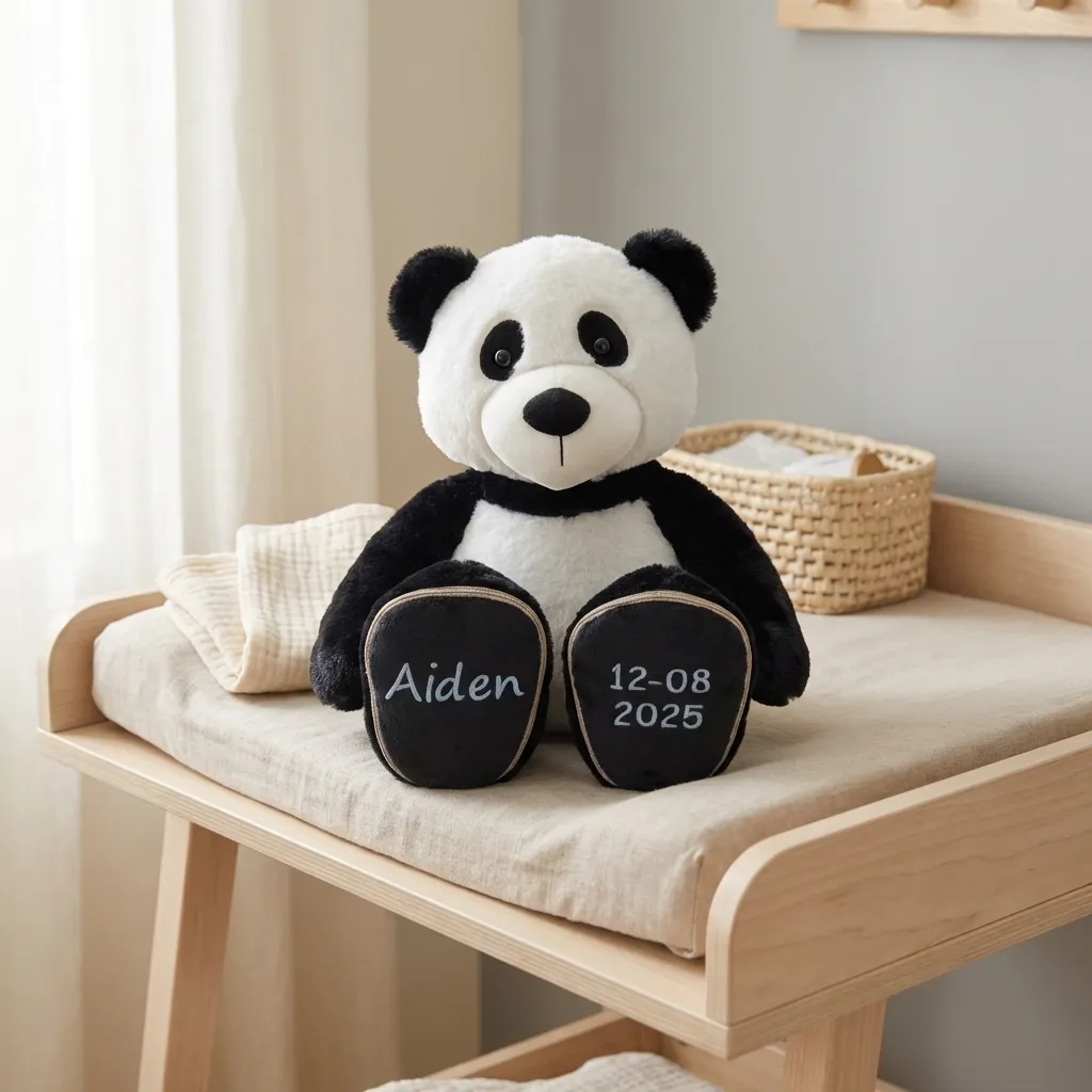Gepersonaliseerde panda knuffel met naam Aiden en geboortedatum op pootjes in babykamer